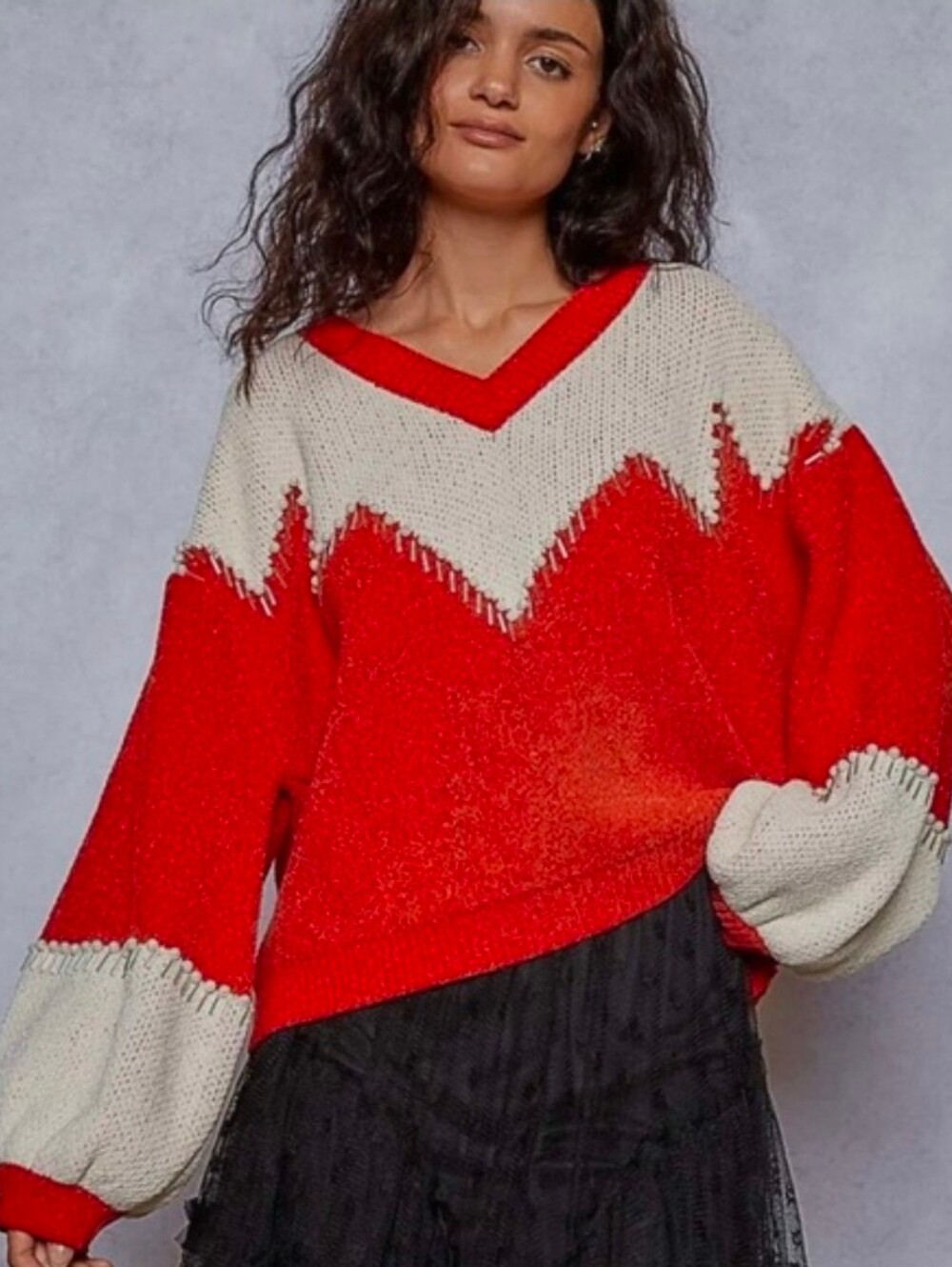 NEW!!! POL Red and Cream V-Neck Colorblock Sweater, Sz Lrg, NWT